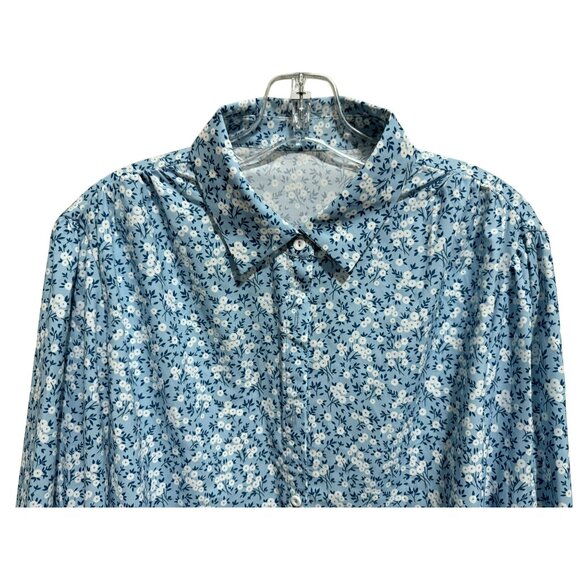 Blue & White Ditsy Floral Button Front Blouse 2X PLUS Smocked Cuffs Feminine - Picture 2 of 7
